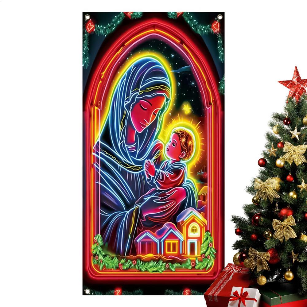 Christmas Door Cover Decoration 35x71inch Large Festive Glowing Backdrop Covers Photography Banner Porch Sign For Indoor Outdoor