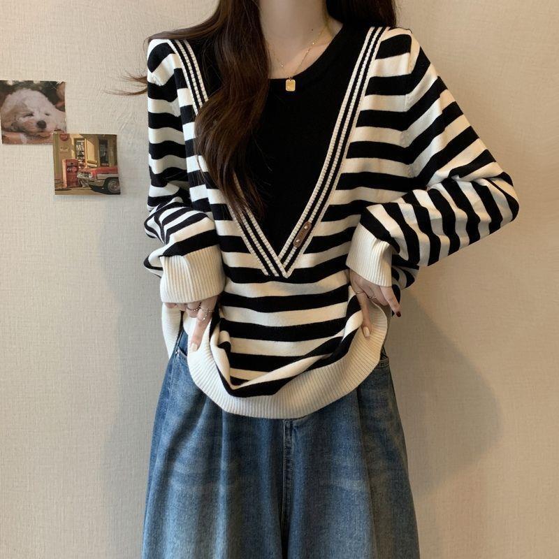Women's Plus Size Slimming Striped Faux Two-Piece Sweatshirt with Straight Shoulders for Autumn/Winter