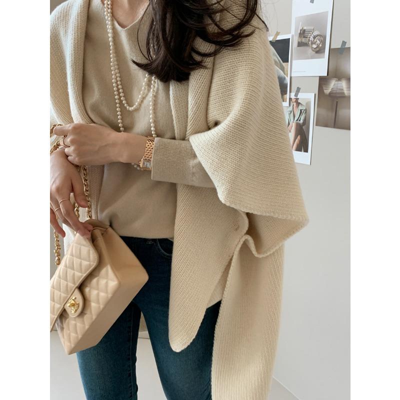 Fashion Loose Knitted Cardigan Shawl Jacket Women's Casual Gentle Elegant Sweaters Cape Autumn Winter Simple Solid Color Coats Female Clothing