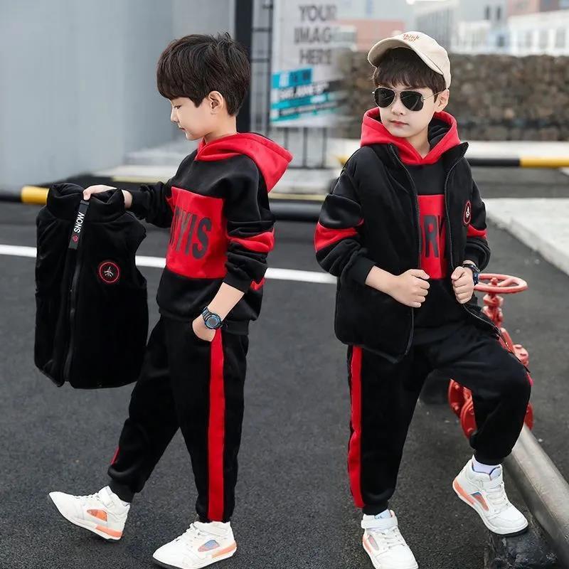 Fleece Verdickter Jungen Anzug Set Trendiges Herbst Winter Outfit Kinder