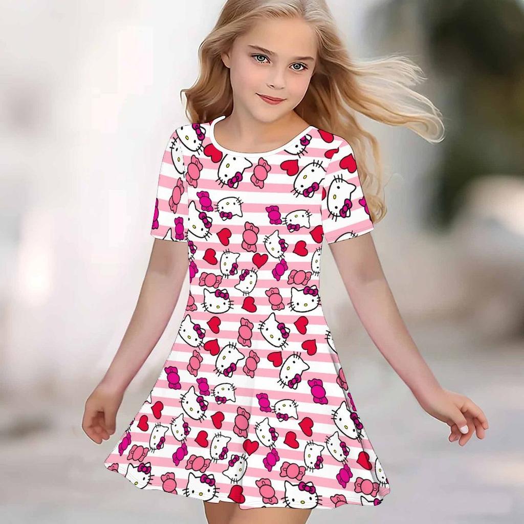 Girls 3D Print Dresses Kids Girl Party Short Sleeve Princess Dress Tank 3D Moe Cartoon Print Dress