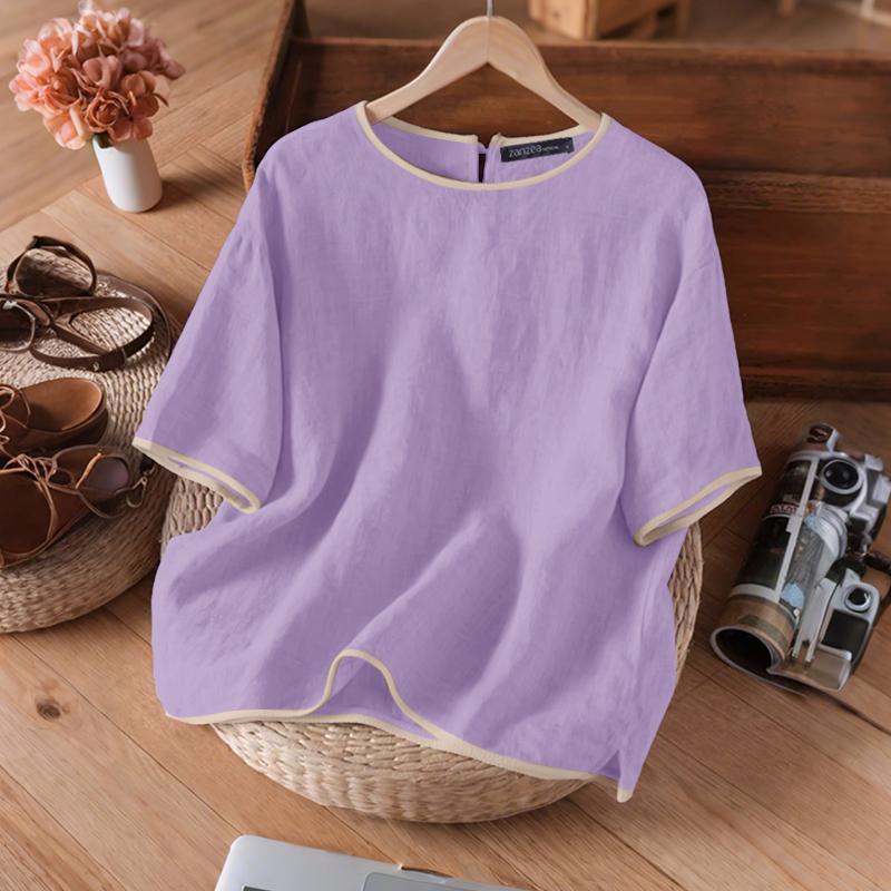 

ZANZEA Женская повседневная летняя блузка с коротким рукавом и круглым вырезом