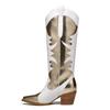 New Long Cowboy Boots Thick Heel Pointed White Gold Women's Western Boots