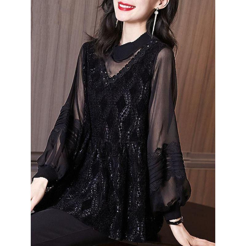 

Весенняя одежда 2025 года Женская одежда Мода Ветер Большой размер Стильная Большой размер Женская Западный стиль Кружевная базовая рубашка Рюши Длинные рукава Black 3XL