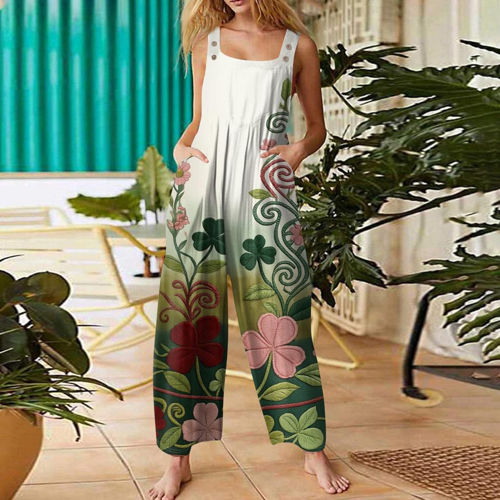 Womens Casual Overalls Jumpsuits Adjustable Straps Sleeveless Print Comfy Rompers With Pocket
