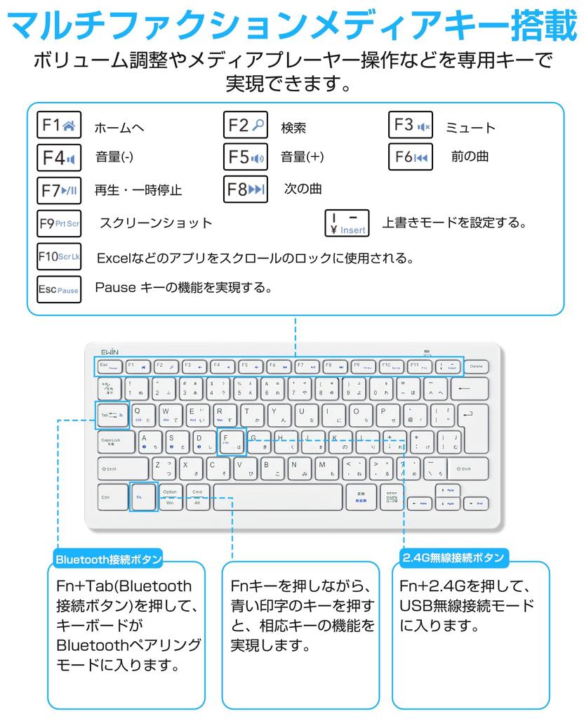 EWiN Wireless Keyboard, Bluetooth and USB Compatible, JIS Japanese Layout, Compact, Compatible with Mac, Android, iOS, Windows, iPad, iPhone, Tablet,