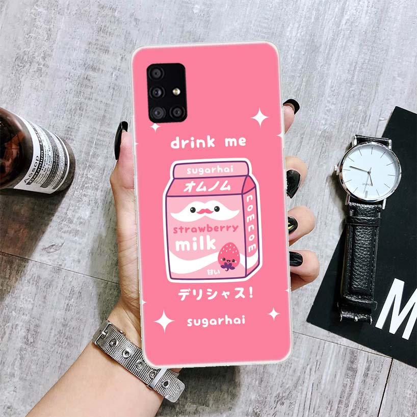 Kawaii Japanese Strawberry Milk Box Phone Case For Samsung Galaxy A14 A15 A13 A12 A54 A55 A53 A52 A04S A24 A25 A23 A22 A34 A35 A