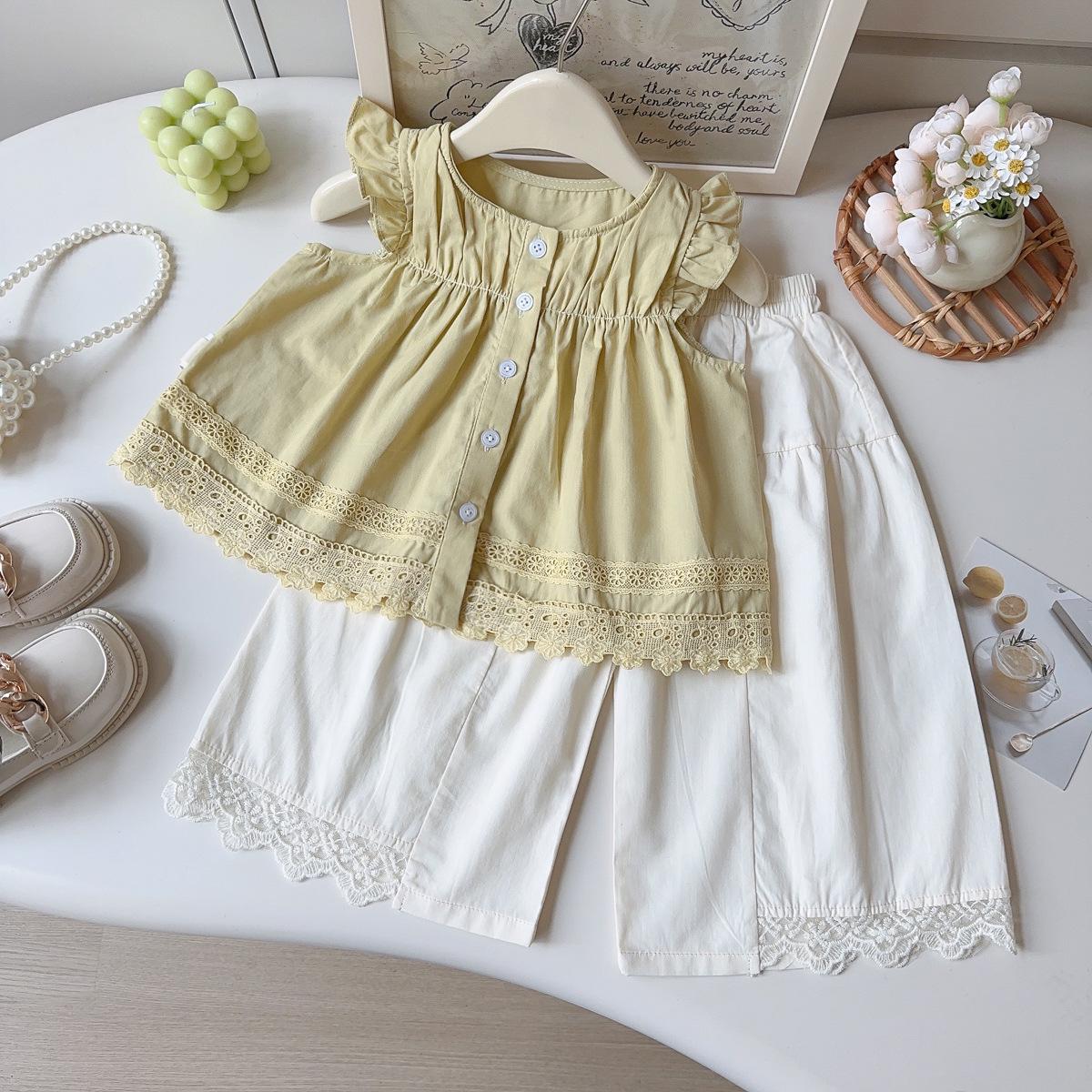 Girls Summer Lace Trim Sleeveless Top & Wide-Leg Pants Set Size 90