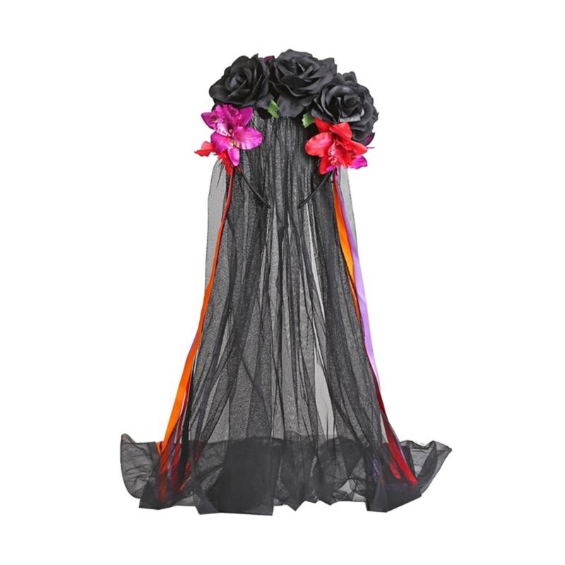 Gotisches Blumenhaarband mit Schleierband für Frauen Cosplay Party Kostüm Tag der Toten Kopfschmuck Feiertagsaccessoires