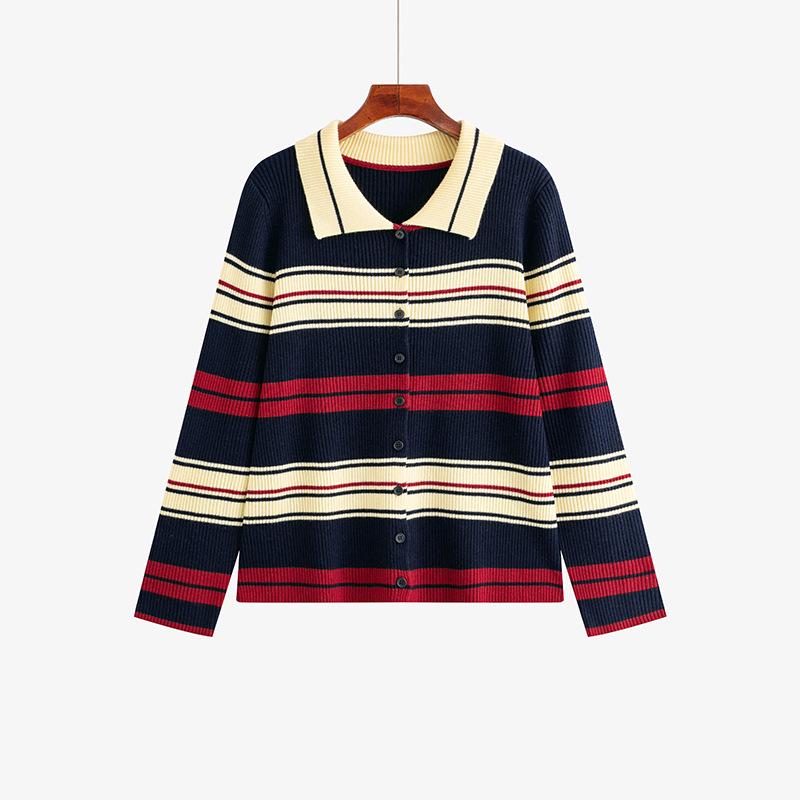 

Plus Size Women s Spring Stripe Polo Collar Knit Top - Loose Long Sleeve, 2026 Style темно-синий