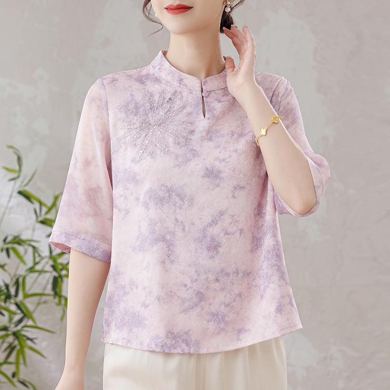 

Elegant Faux Silk Chinese Style Top for Women - Short-Sleeved Mulberry Silk Blouse for Mom XL