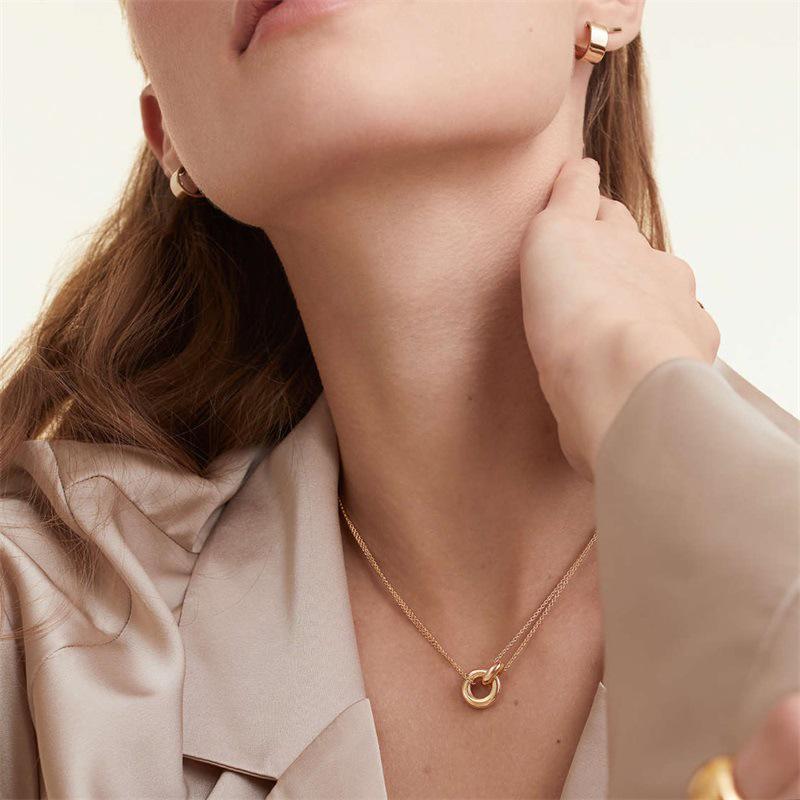 European Style Double Ring Pendant Necklace for Women - 14K Gold Plated Titanium Steel Clavicle Chain