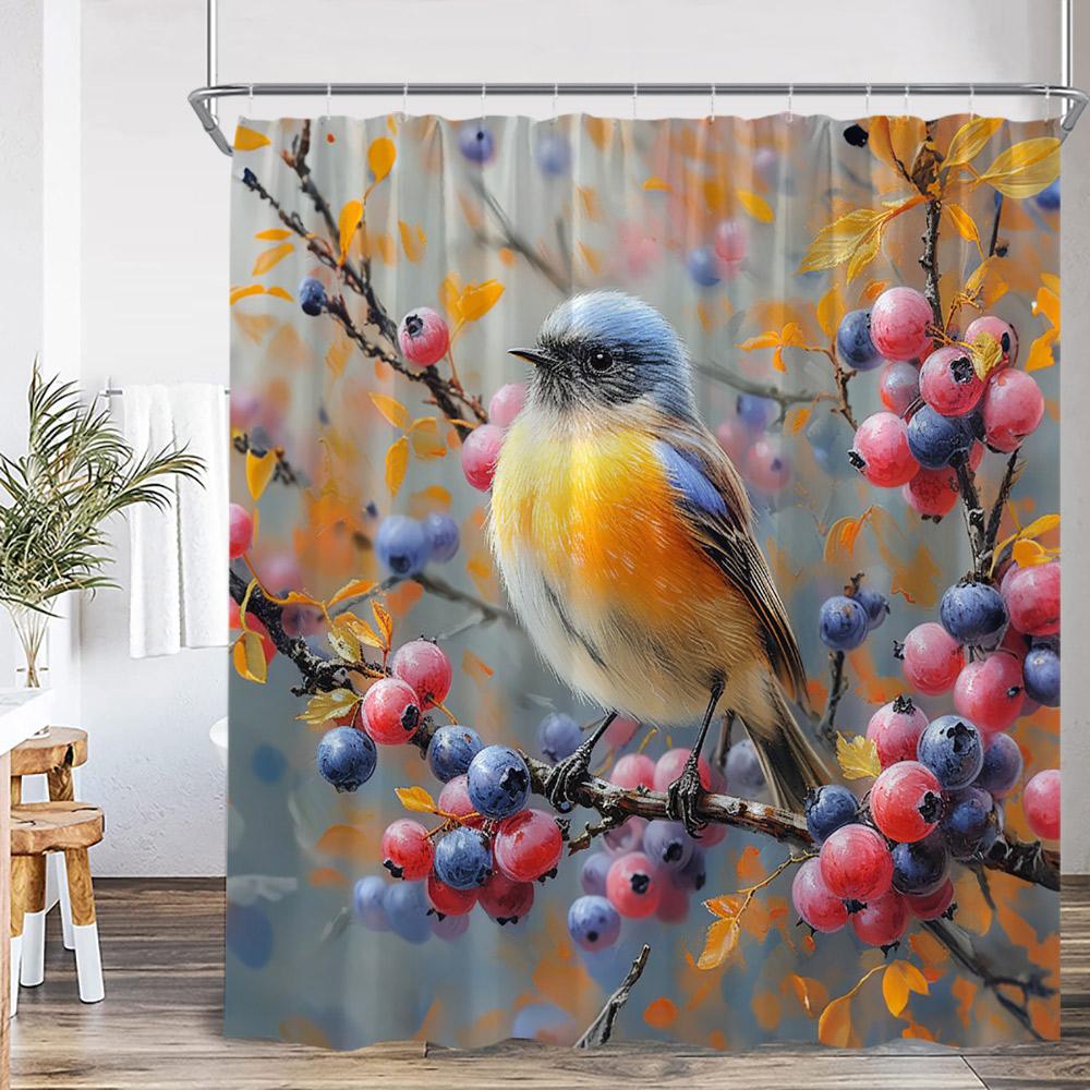 Bird Cartoon Shower Curtain Oil Painting Flower Leaf Tree Animal Print Spring Summer Bathroom Decor Modern Floral Bath Curtain