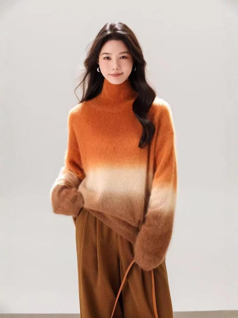 Gradient Cashmere Loose Knit Sweater - Autumn/Winter Round Neck Wool Base Layer