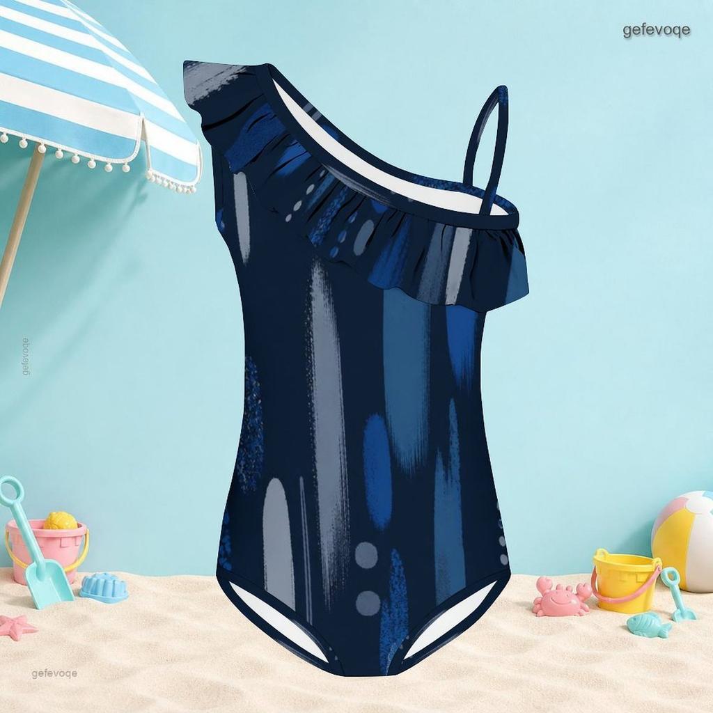 Girls One Shoulder Ruffle Printed One Piece Beach Swimsuit