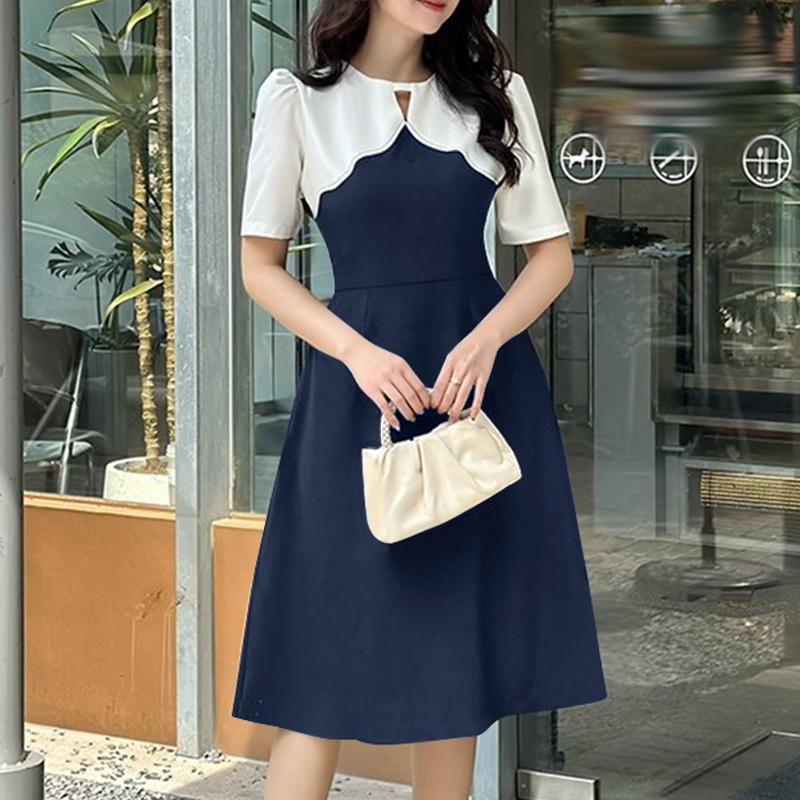 

ZANZEA Женское повседневное платье с круглым вырезом и короткими рукавами, пэчворк 2XL темно-синий