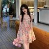 Women's V-Neck Spaghetti Strap Floral Mini Dress High Waist Stretch Slim A-Line Short Sundress Elegant French Fairy Dress Summer Vacation Outfit