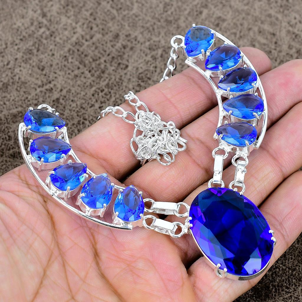 Blue Topaz Gemstone Handmade 925 Sterling Silver Jewelry Necklace 18" KKG-433