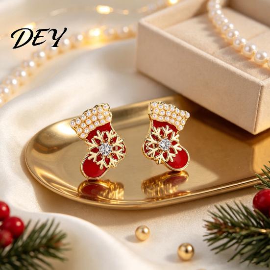 Christmas Gift for Her 1 Pair Red Stocking Stud Earrings Women, Sparkly Rhinestone Enamel Cute Snowflake Studs Sock Shaped Earring with Snowflake,