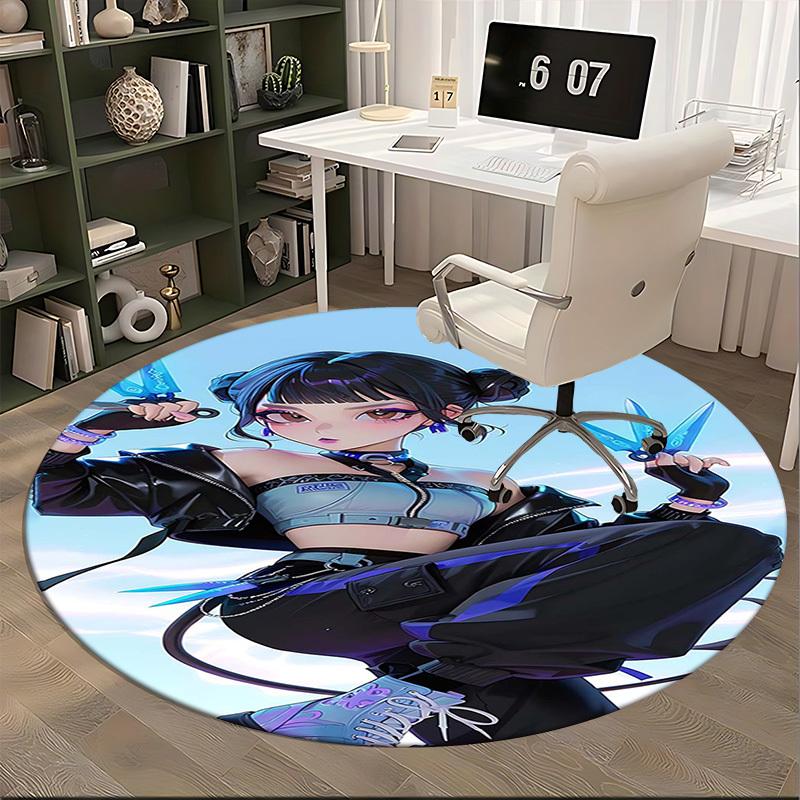 1 Stück Anime-Design Runder Teppich - Bürostuhlmatte mit Blauem Scheren-Aufdruck, Geeignet für Heimdekoration, Gaming-Zimmer