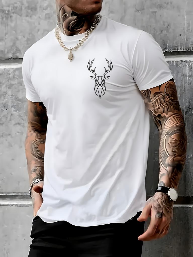 Mens Deer Antler Printed Sports and Leisure Versatile Short Sleeved Tshirt