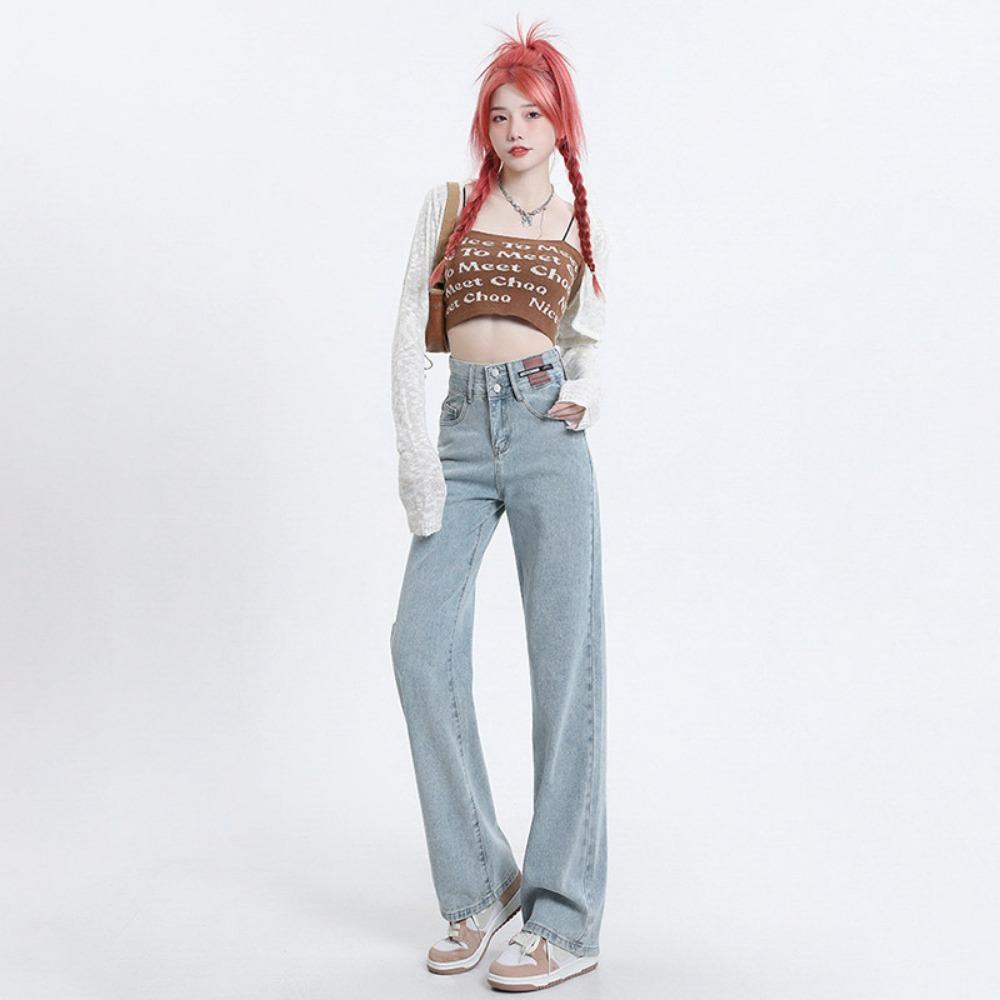 High Street Double-breasted Leather Brand Design Wide Leg Mopping Jeans Women's Spring and Summer New High Waist Straight Jeans
