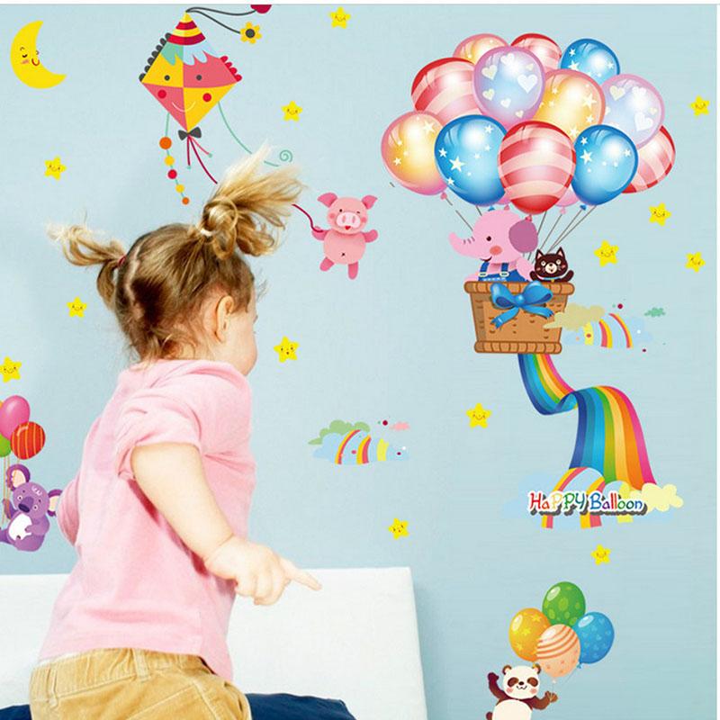 Happy Elephant Balloon Wall Stickers for Kids Room, Kindergarten PVC Removable Home Decor