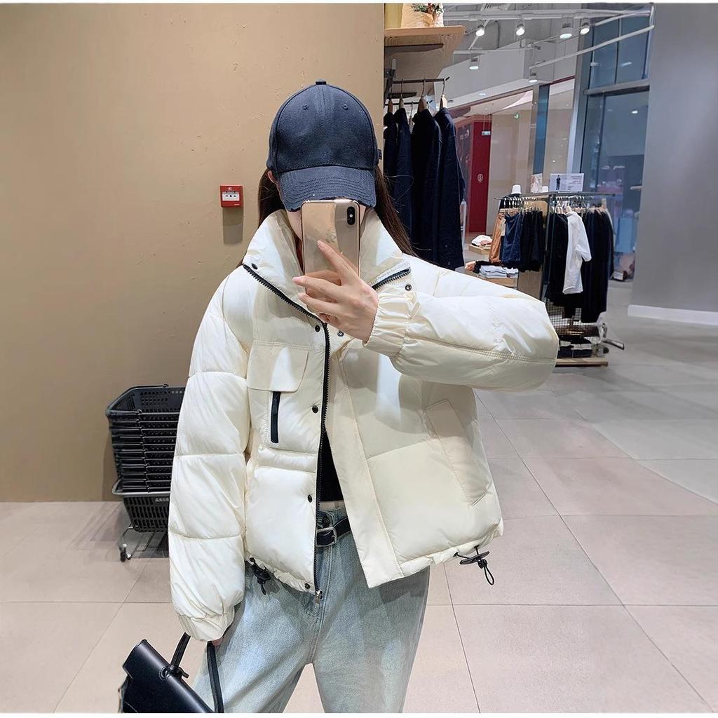 Jachetă de iarnă groasă și călduroasă pentru femei, scurtă, cu guler înalt, rezistentă la vânt, cu tiv ajustabil