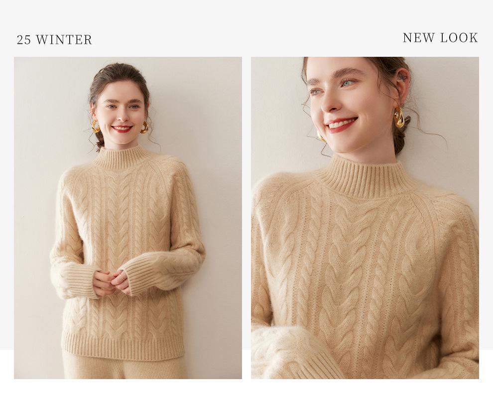 Women's Retro Cable Knit High-Neck Cashmere Sweater: Thickened, Slimming Pullover with Twisted Pattern, Perfect for Autumn and Winter.