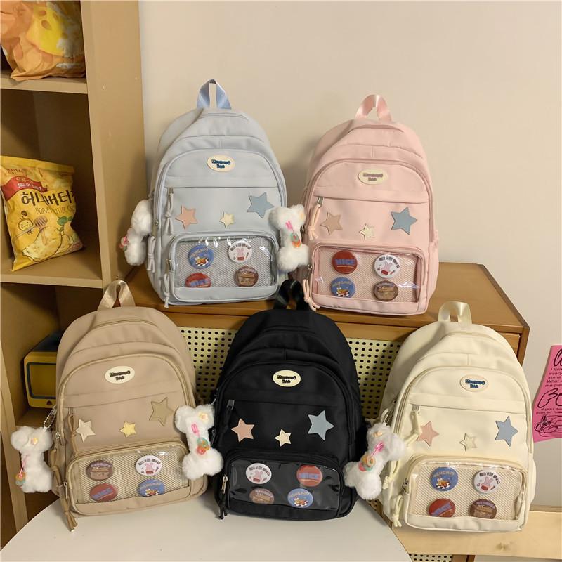 Ins Transparent Badge Casual Backpack Large Capacity Versatile College Style Middle School Student Schoolbag, Cute Commuter Backpack