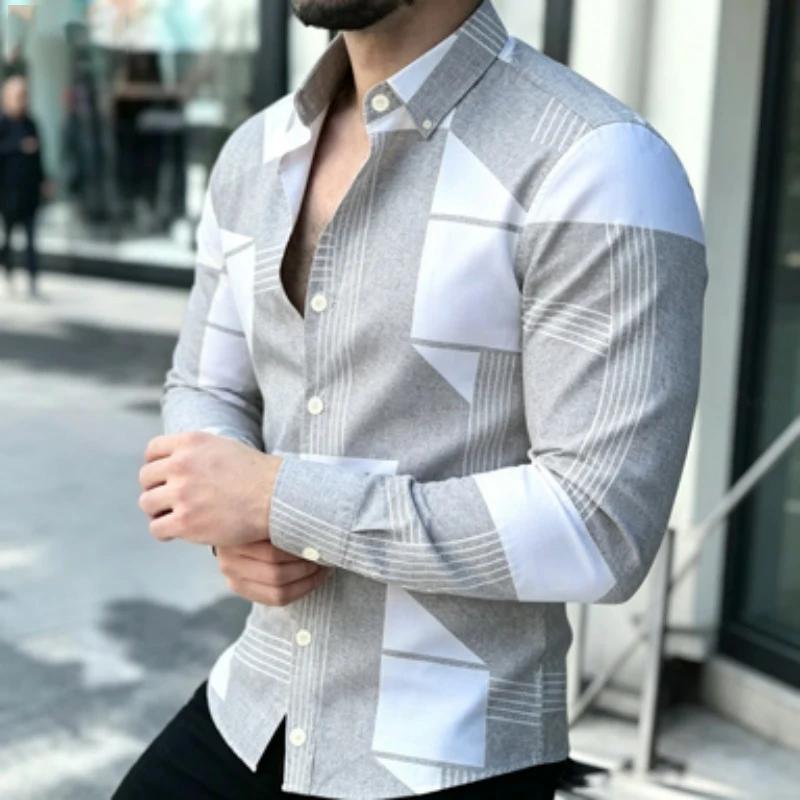 Trendy Geometric Pattern Long-sleeve Men's Shirt, Versatile for Daily and Smart Casual Looks.