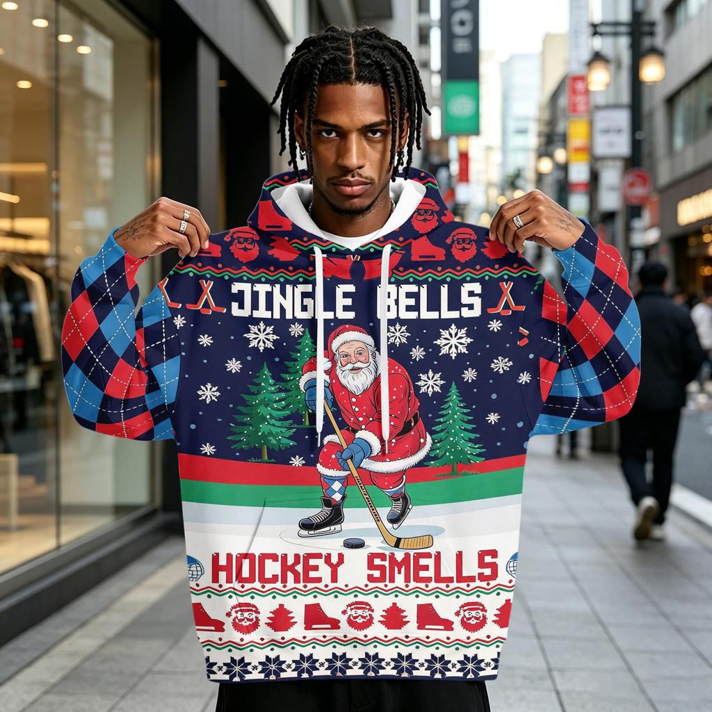 Men's Christmas Print Hoodie with Pocket for Casual Athletic Wear