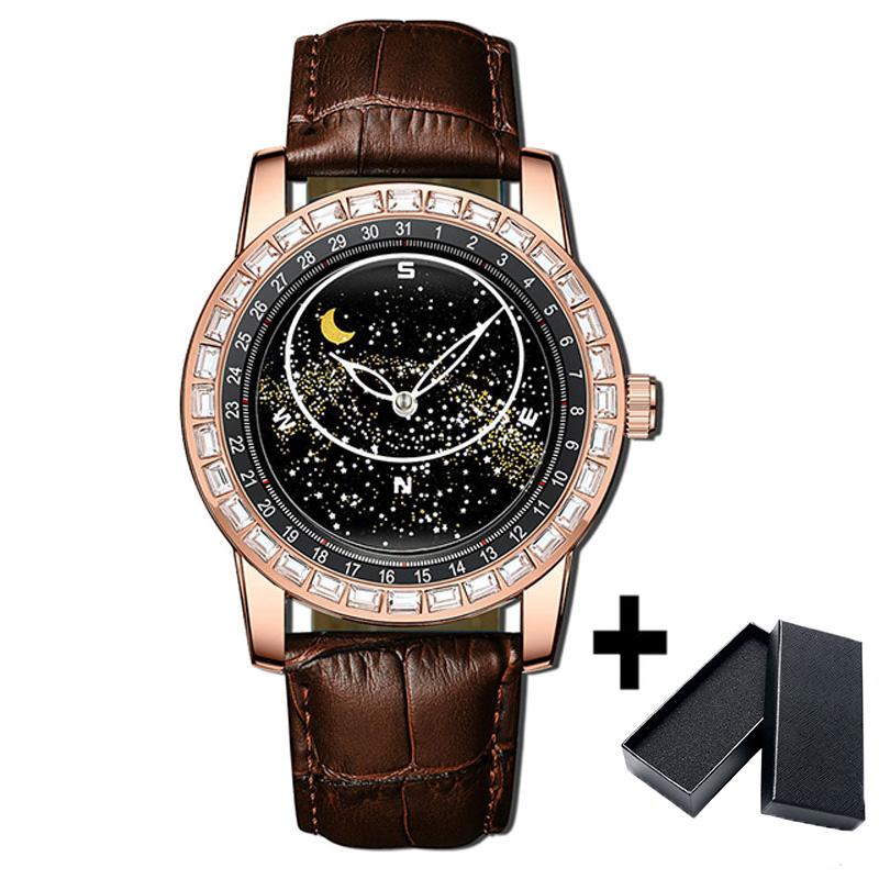 

Specials Starry Sky Watch for Men Luxury Leather Strap Quartz Watches Fashion Business Luminous Waterproof Clock Reloj Hombre rose gold browm
