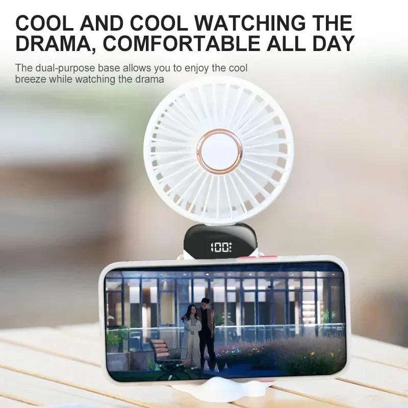 Portable Handheld Mini Fan Foldable Neck Hanging Fans 5 Speed USB Rechargeable Fan with Phone Stand and Display Screen 1500mAh