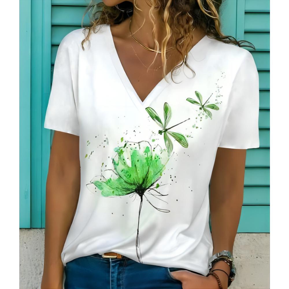 Summer Women V-neck Short sleeved Butterfly 3D Print Top Fashion Large T-shirt Women's Clothing