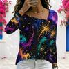 Women Plus Size V Neck Long Sleeve American Flag Printed T Shirt Black Red White
