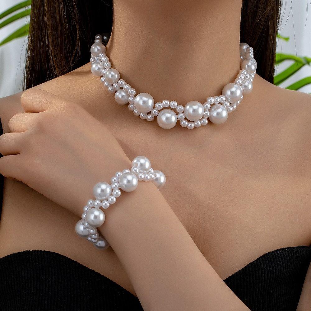 Light Luxury Pearl Necklace Bracelet Set Hand Bangle Women Jewelry Set  Wedding