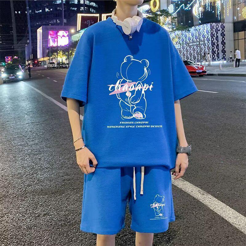 Men's Summer Waffle Knit Set: Short-Sleeve T-Shirt & Shorts 2-Piece for Teens