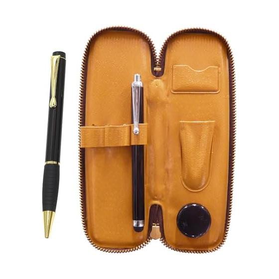 2-Pack Compact Zippered Pen Case with Stylus and Midnight Rubber Rotating Ballpoint Pen Set, Black. Includes Japanese-made zippered pen case, stylus,