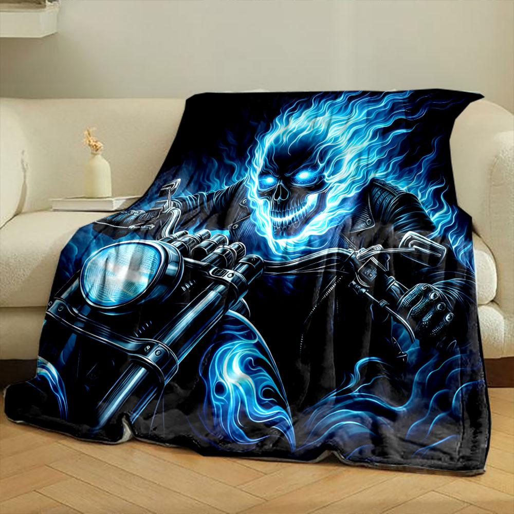Flaming Skull Rider on Motorcycle print blanket soft and cozy perfect for the living room bed sofa or a nap,gift