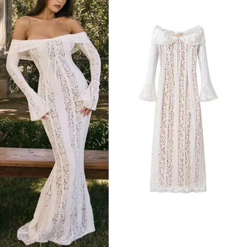 Spring New Women's Clothing Fashion Style French Style Temperament Cut Out off-Shoulder Bow Tie Lace Dress Evening Dress