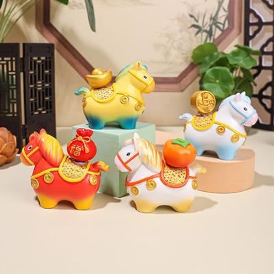 Chinese Style Horse Statue Rotatable Golden Ingot Lucky Bag Flower Copper Coin Cartoon Pony Figurine Desktop Feng Shui Decoration Ornament