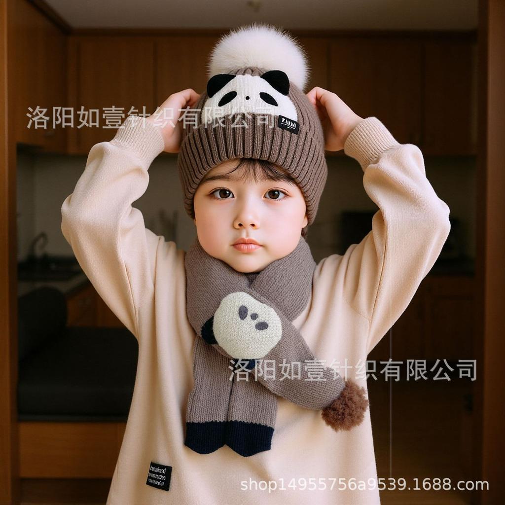 2025 autumn and winter children's hat bear wool hat girls knitted cotton warm baby hat scarf two-piece set