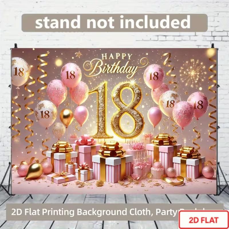 2D Sparkle Pink Gold 18th Happy Birthday Photography Backdrop with Balloons