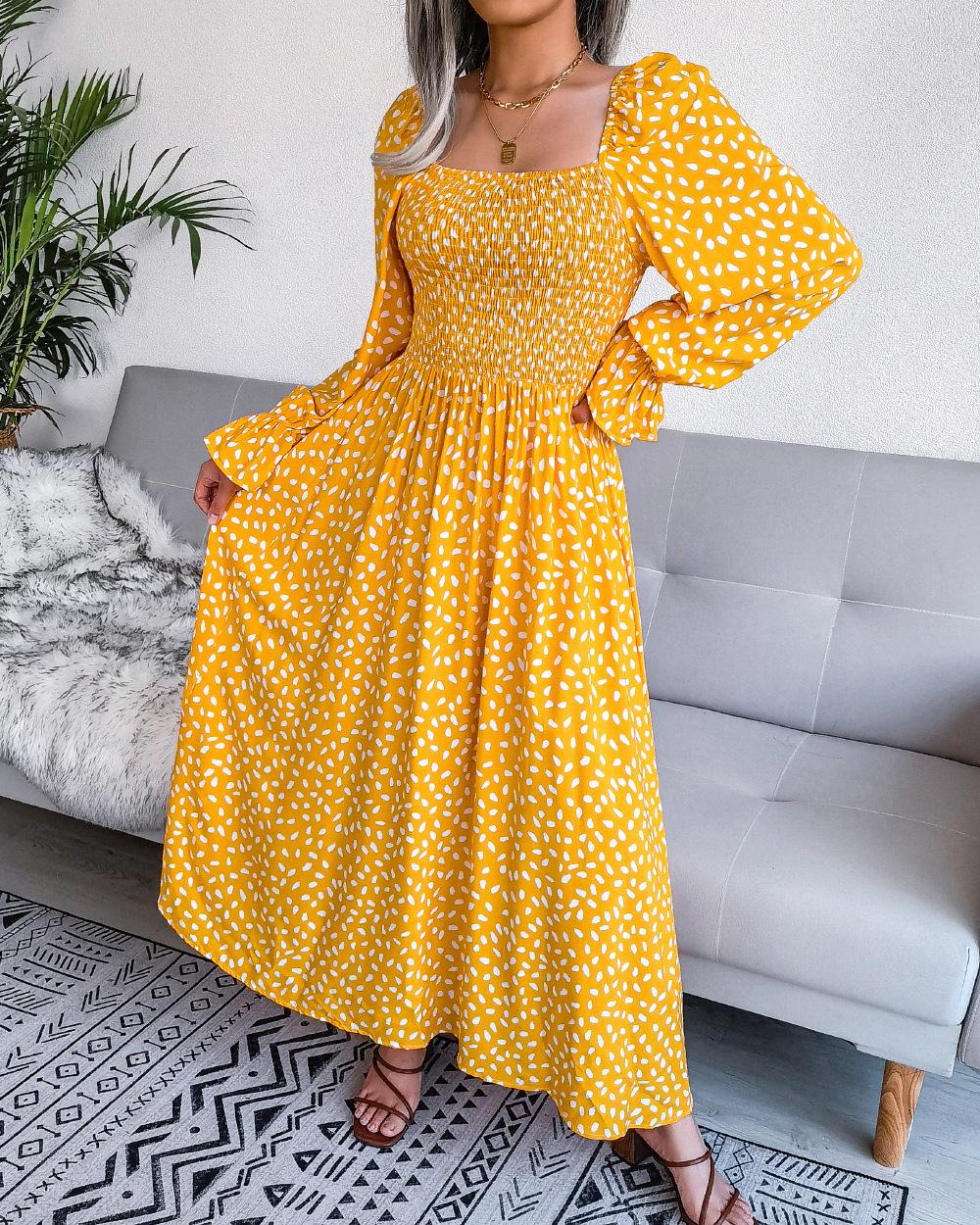 Square Neck Long Sleeve Floral Pleated A Line Vacation Maxi Dress For Women S