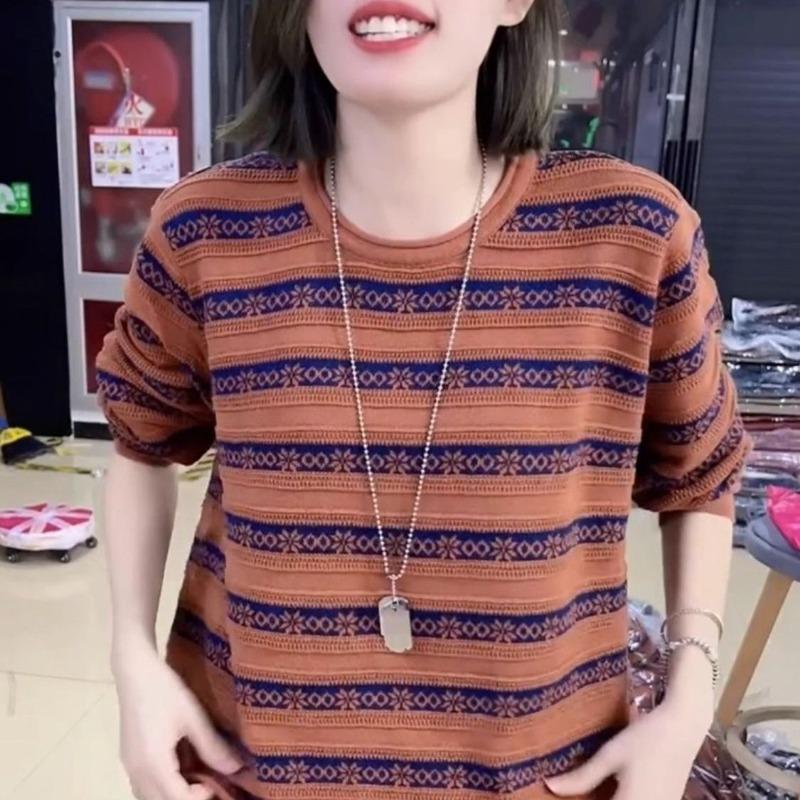 

Women s Striped Autumn and Winter New Round Neck Jacquard Loose Long-sleeved Fashionable Fat People s Knitted Sweater Top 2XL червоний