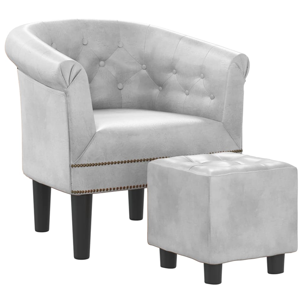 Club Chair with Footstool Silver Faux Leather