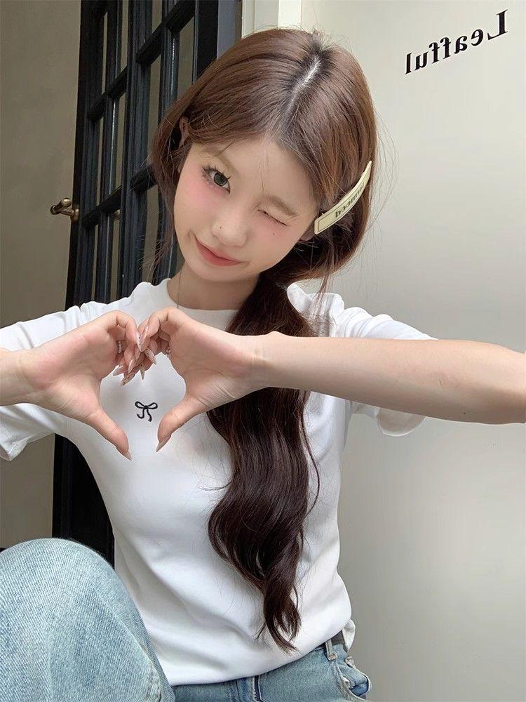 Women's 2025 Korean Style Bowknot Embroidered Slim Fit T-Shirt, Short Sleeve, Round Neck