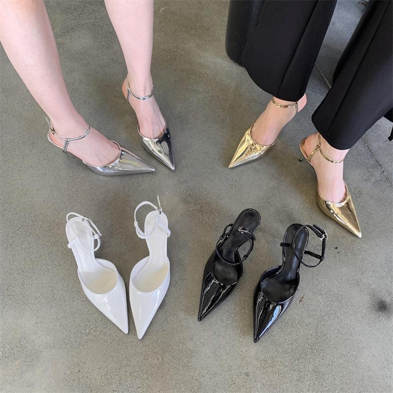2025 Spring and Autumn New Fashion Pointed Head Bag Head Sandals Women's Rear Tripple Strap Thin Heel Empty High Heels Children