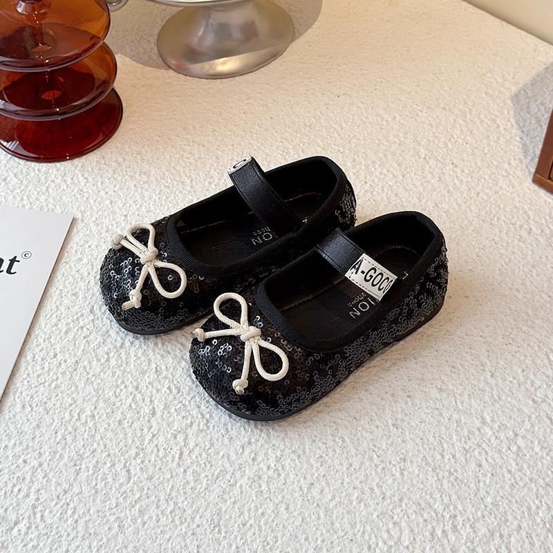 

Туфли для танцев для девочек Нескользящие Мягкие Детские Туфли Принцессы Блестящие Пайетки 2025 Весна Осень Балетки для Девочек Слипоны Простые Банты 25 чёрный